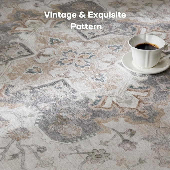 Marsail Area Rug 3x5, Soft & Slip-Resistant Large Area Rug with Reinforced Bound Edges, Vintage Short-Pile Washable Rug with Floral Pattern for Living Room, Dinning Room and Bedroom, Brown