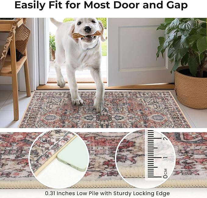 KOZYFLY Runners for Hallways 2x5 Ft Washable Kitchen Runner Rug Boho Runner Rug for Entryway Indoor Printed Oriental Faux Wool Floor Carpet Runner for Laundry Room Kitchen Hall, Terracotta/Beige