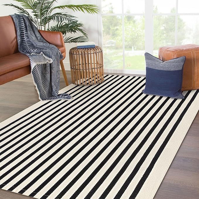 KOZYFLY Black and Beige Striped Rug 4x6 Ft Area Rug Washable Indoor Outdoor Rug Cotton Door Mat for Double Front Door Entryway Patio Porch Living Room Carpet