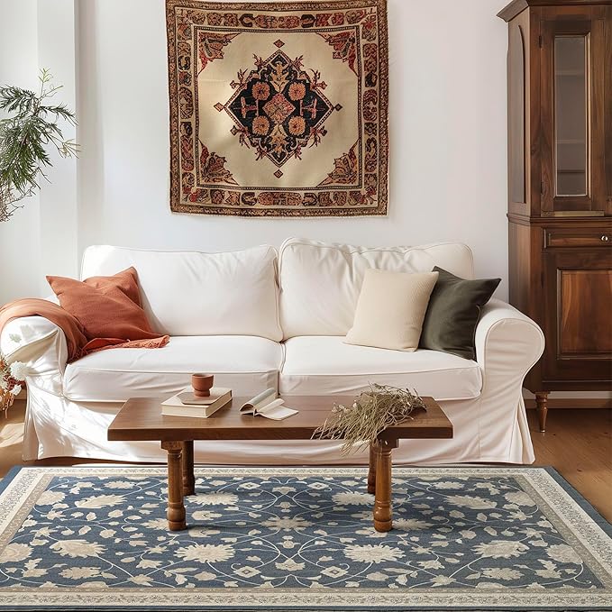 EVERGRACE Area Rugs for Living Room 5x7, Boho Floral Faux Wool Indoor Outdoor Rugs, Washable Rugs for Bedroom Dining Room Entryway Kitchen, Low Pile Floor Mat Carpet for Home Decor, Navy Blue