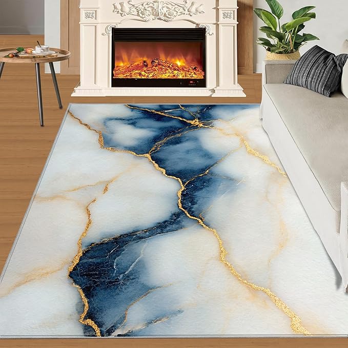 4x5 Abstract Marble Indoor Outdoor Rug - Blue-White-Marble Bedside Rug, Luxury Stone Pattern Washable Entry Way Rugs Kids Carpet for Inside House Playroom Living Room End Table Nursery