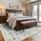GENIMO 9x12 Area Rugs for Living Room, Machine Washable Non Slip Vintage Rugs, Low Pile Lightweight Chenille Print Rug for Bedroom, Dining Room, Home Office, Turquoise