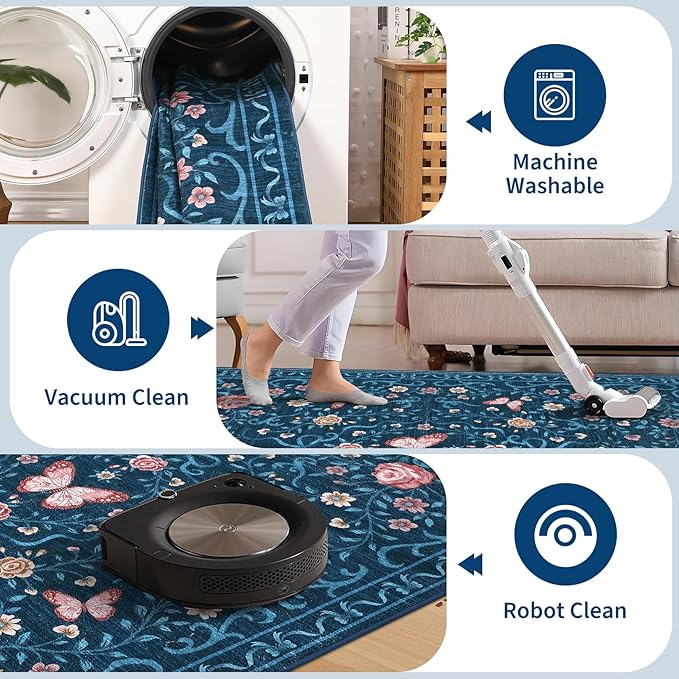 GarveeHome 8x10 Area Rugs for Living Room Washable Rugs Non Slip Stain Resistant Bedroom Floral Rugs Low Pile Soft Dining Room Throw Carpet Blue Bow Large Carpet for Home Office Decor, 8x10