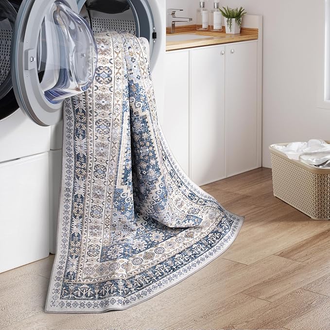 zesthome 9ft Round Rugs for Living Room, Non-Slip Washable Round Area Rugs, Ultra-Thin Large Circle Rugs, Soft Low Pile Rug for Bedroom, Kitchen - Vintage Stain Resistant Round Rug (Blue/Beige,9'x9')