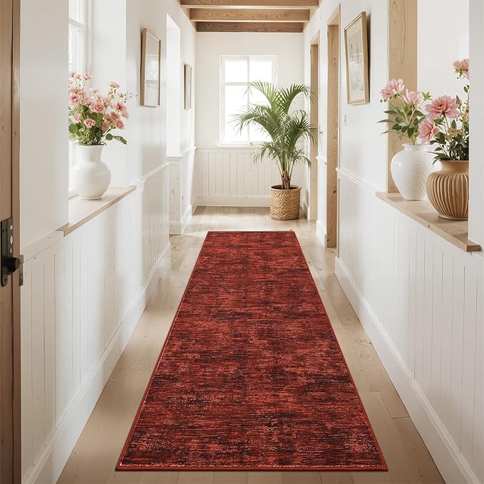 RUGSREAL 2x6 Runner Rug Washable Kitchen Runner Rug Modern Abstract Runner Mat for Hallway Contemporary Solid Rug Non-Slip Foldable Aesthetic Accent Floor Carpet for Living Room Bedroom, Red