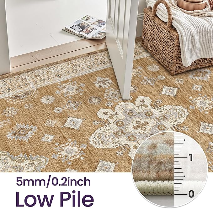DEXI 8x10 Area Rug for Living Room, Washable Vintage Farmhouse Thin Rug Indoor Floor, Non Slip Stain Resistant Low Pile Carpet for Dining Room Bedroom Office, Light Brown