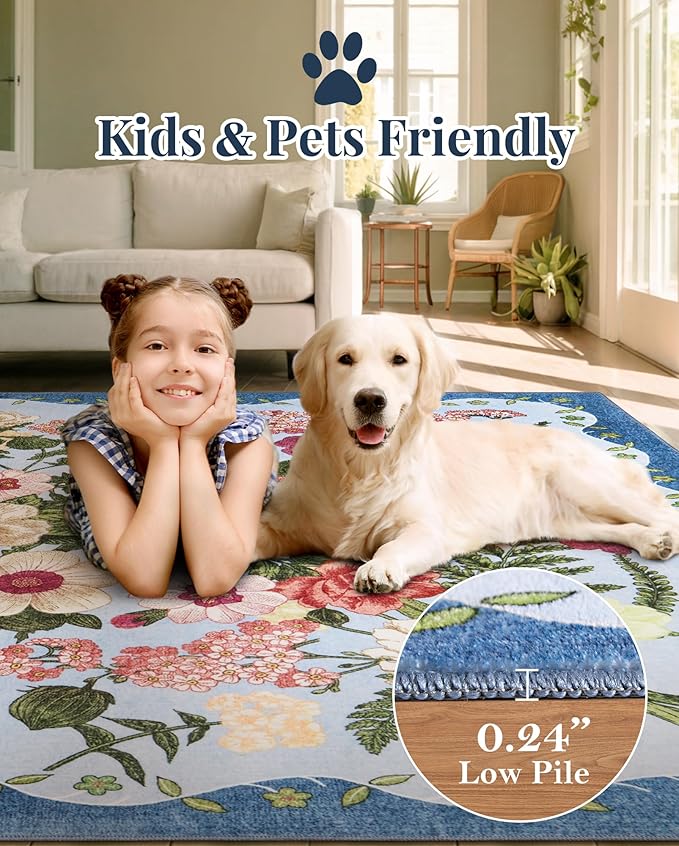 Floral Rug for Living Room - 4x6 Washable Area Rugs Non-Slip Soft Low-Pile Stain Resistant Carpet Unique Flower Print Vintage Indoor Rug for Bedroom Dining Room Office Nursery Room, Blue