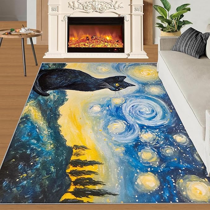 Black Cat Rugs for Bedroom - 3x5 Area Rug - Starry Sky Countryside Rugs for Living Room, Vintage Oil Painting Art Rug, Washable Home Decor Carpet