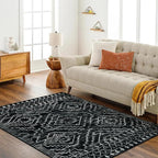 Wonnitar Moroccan Washable Area Rug 5x7, Black Large Rug for Living Room, Non-Slip Boho Bedroom Throw Mat, Low Pile Stain Resistant Geometric Floor Carpet for Dining Table Kitchen Dorm (Black,5'x7')