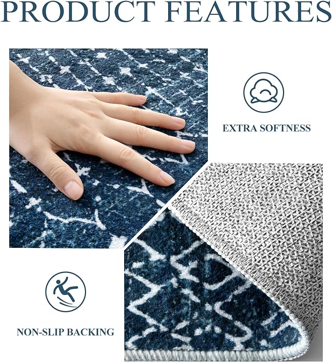 Lahome Moroccan Blue 3x5 Non-Slip Washable Soft Rug for Bedroom Floor Throw, Geometric Print Distressed Indoor Modern Rug for Entryway, Dining Room, Bathroom