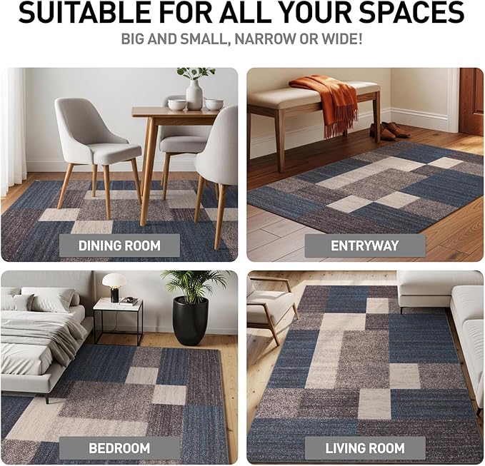 Rugshop Modern Boxes Design Non-Slip (Non-Skid) Carpet Oval Area Rug for Entryway,Kitchen,Living Room 5' x 7' Blue