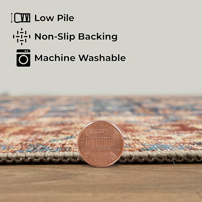 GLN Rugs Traditional Collection - Machine Washable Area Rug, Traditional Washable, Non Slip, Low Pile Chenille Rug, Living Room, Bedroom, Kitchen Rug (3' x 5' Terra/Slate Blue)