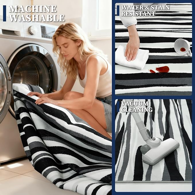 YIHOUSE 8×10 Ft Area Rugs for Living Room: Modern Abstract Black Grey and White Rug - Nonslip Washable Striped Rug for Bedroom Dining Room Office Playroom Nursery Home Decor