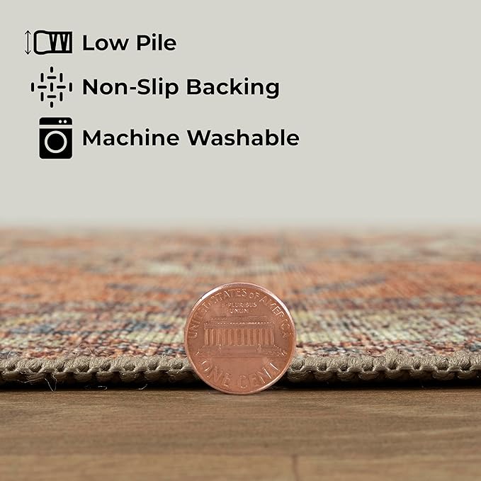 GLN Rugs Traditional Collection - Machine Washable Area Rug, Traditional Washable, Non Slip, Low Pile Chenille Rug, Living Room, Bedroom, Kitchen Rug (2' x 3' Terra/Multicolor)