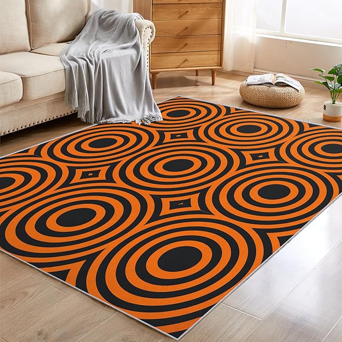 3x5 Geometric Circle Rugs for Bedroom Decor, Washable Retro 60s 70s Geometry Pattern Area Rug, Living Room Home Decoration, Non Slip Soft Thin, Black Orange Decor Carpet PF-P 49
