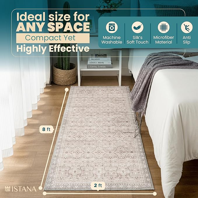 Istana Hallway Runner Rug 2x8 – Beige Grey/Light Cream Entryway Rug -Silk's Soft Touch Runners for Hallways - Stylish Kitchen Runner Rug Non Slip