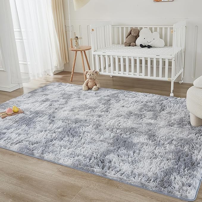 Andency Soft Area Rugs for Living Room Bedroom, 4x6 Non-Slip Fluffy Shag Carpet, Indoor Floor Fuzzy Shaggy Living Room Plush Rug for Kids Dorm Nursery Home Decor Aesthetic, Tie-Dyed Light Grey