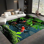 Pond Koi Fish Living Room Rug, 5x7ft, Summer Greenery Moss Stream Indoor Decor Carpet, with Non-Slip Backing Absorbent Thin Mat, Soft Easy Clean Washable Rugs for Office Entryway