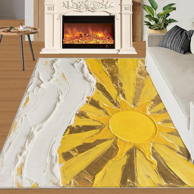 Boho Sun Area Rugs 4x5ft, Abstraction Deco Kids Play Rug, Minimalist Sunburst Throw Rugs Bedroom Fluffie Soft for Coffee Shop Living Room Under Table Game Room
