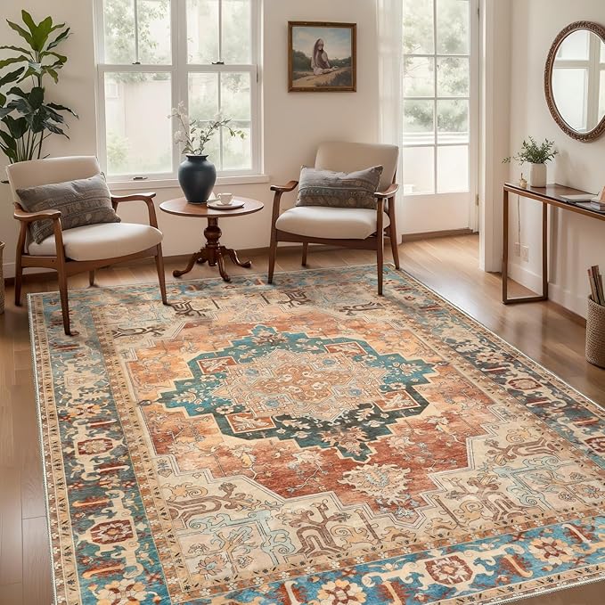 Tangsoo 5x7 Area Rug Washable for Living Room, Vintage Rug Indoor Non Slip Large Area Rugs, Print Distressed Orange Carpet, Soft Low Pile Foldable Floor Rug for Bedroom Dining Room Dorm