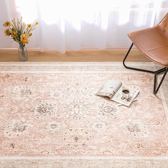 Phantoscope Washable Area Rug 5'x7' Non-Slip, Vintage Neutral Rugs for Living Room, Bedroom, Dining Room, Distressed Boho Floral Medallion Pattern, Low-Pile Foldable Floor Carpet, Soft Pink/Beige