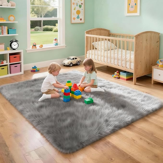 4x6 Solid Fluffy Grey Area Rug – Washable, Durable, Living Room Rug, Non-Slip High Pile Shag Rugs for Bedroom, Living Room, Bedside, Dorms, Nursery Rooms, Kids Room, Soft Indoor Floor Carpet