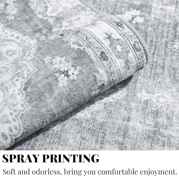 MUJOO Grey Rug 8'x10' Area Rugs for Living Room Bedroom Dining Room,Large Washable Boho Bohemian Vintage Distressed Farmhouse Non Slip Carpet, Floral Flowers