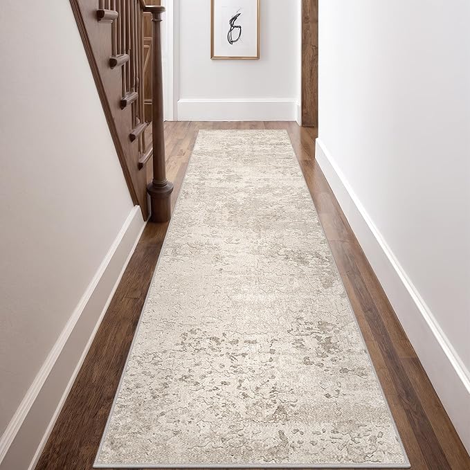 Art&Tuft Non-Slip Runner Rug - 2.5x12 Runner Rug Washable Low-Pile Rugs Runners, Soft Distressed Carpet Runner for Bedroom Bathroom Kitchen Laundry Living Room, Beige