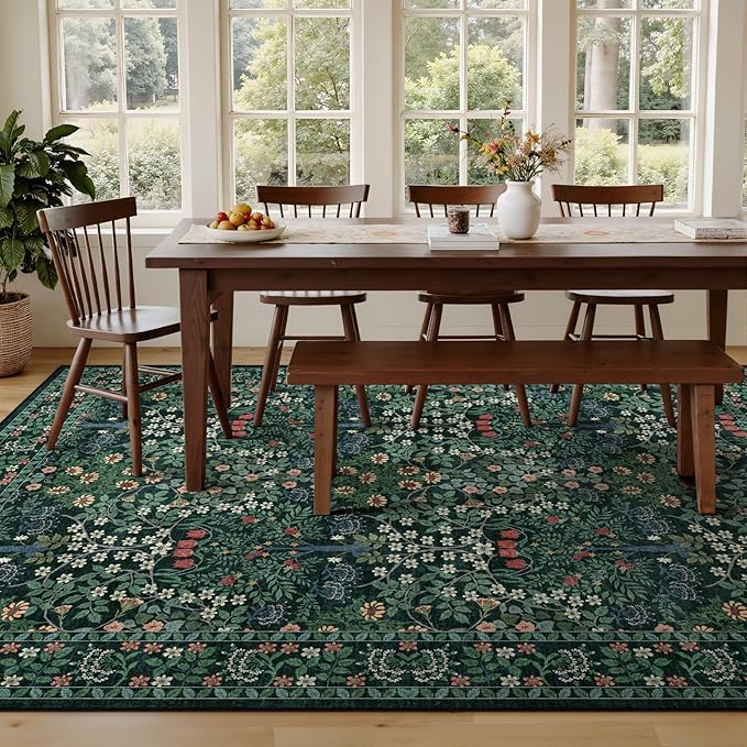 9x12 Area Rug Living Room Rug - Floral Vintage Forest Washable Carpet, Low Pile Non-Slip Stain Resistance Boho Soft Large Carpet for Bedroom, Dining Room Under Table, Farmhouse (9'x12' Dark Green)