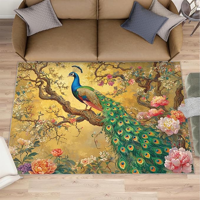 Peacock Peony Rugs for Bedroom - 5x6 Rug, Classic Peacock Peony Area Rugs for Living Room, Oriental Carpet, Floral Plant Washable Area Mat, Aesthetics Carpet - Peafowl Home Decor & Gifts