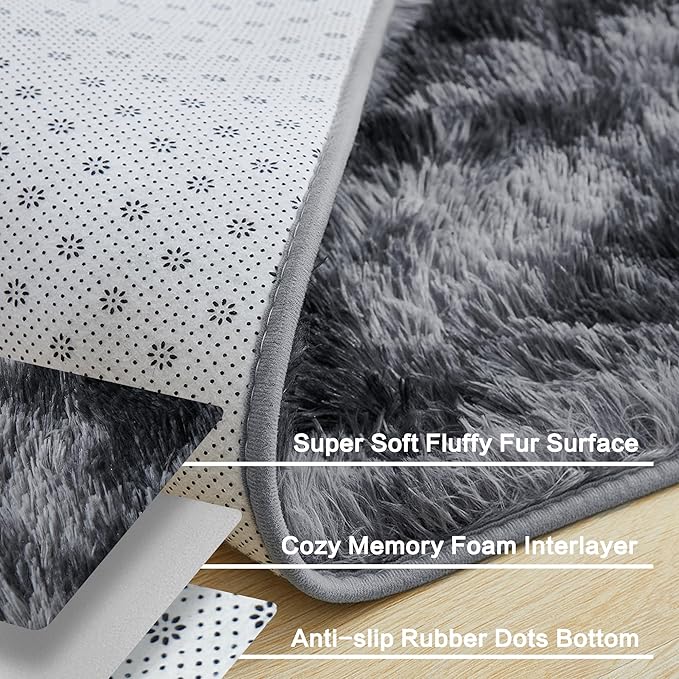 Andency Soft Area Rugs for Living Room Bedroom, 4x6 Non-Slip Fluffy Shag Carpet, Indoor Floor Fuzzy Shaggy Living Room Plush Rug for Kids Dorm Nursery Home Decor Aesthetic, Tie-Dyed Dark Grey