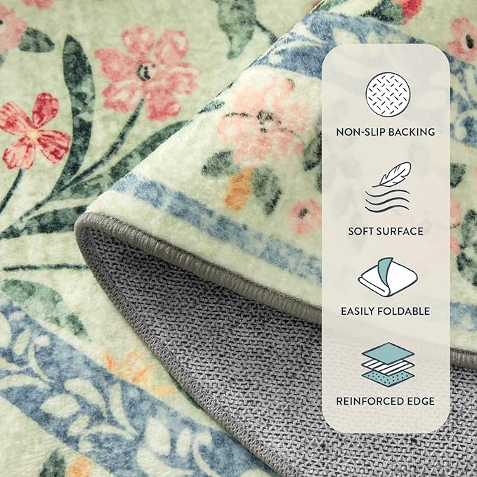Lahome Washable Runner Rug 2x6, Boho Bathroom Rug Runner, Vintage Floral Soft Thin Indoor Throw Carpet for Entryway Bedroom Hallway Bath Laundry Room, Green/Multi