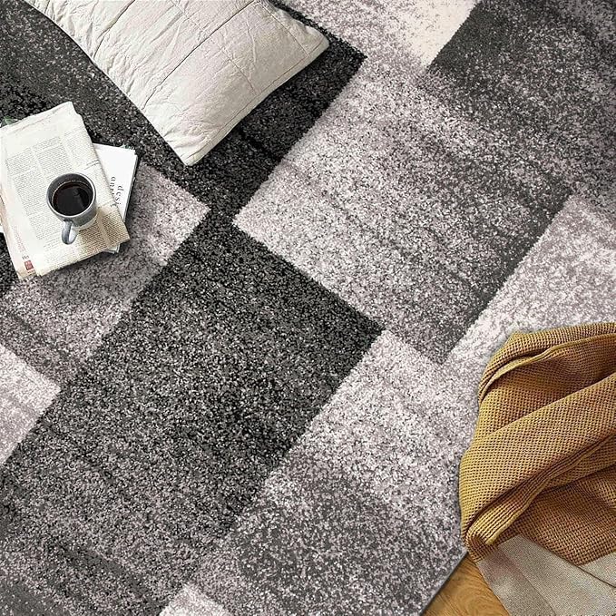 Rugshop Gray Modern Distressed Boxes Area Rug, Cozy Non-Shedding Pile for Living Room, Bedroom and Dining Area, 5' x 7'