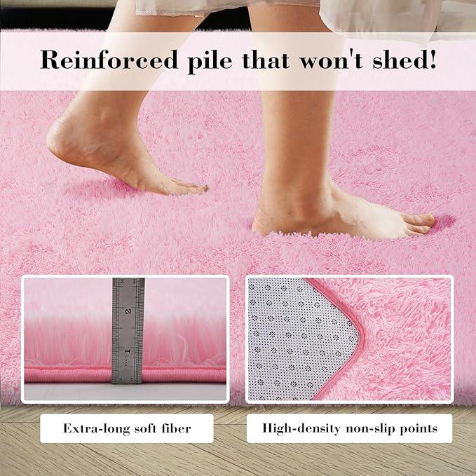 Pink Fluffy Rug Shaggy Area Rug, 6x9 Area Rugs for Girls Bedroom, Big Soft Shaggy Bedside Non-Slip Plush Dorm Nursery Kids Carpet Home Decor Aesthetic
