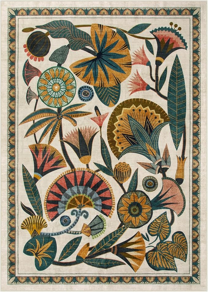 Egypt Floral Washable Area Rugs for Living Room 5x7 Boho Large Vintage Beige Bedroom Dining Room Rug,Non Slip Soft Throw Carpet for Entryway Kitchen Office Hardwood Playroom (5 x 7)