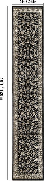 XWZO Runner Rug 2x10ft for Long Hallways, Washable Non-Slip Low Pile Area Rug with Rubber Backing, Spill Resistant Soft Vintage Floor Carpet for Kitchen Entryway Stair Landing Living Room, Black