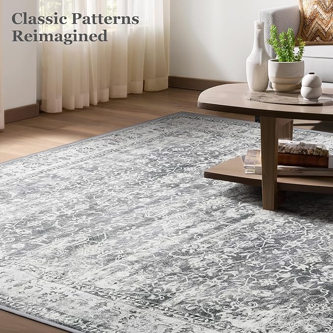 Grey Vintage 3x5 Entryway Rug Indoor Foyer, Neutral Gray Throw Rug for Kitchen Bathroom, Machine Washable Non Slip Thin Area Rug for Nursery/Bedroom Bedside/Home Office/Dorm