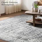 Vintage Grey 8x10 Area Rugs for Living Room, Retro Gray Neutral Rug for Bedroom Dining Room, Low Pile Thin Washable Non Slip Room Rug for Home Office Family Room