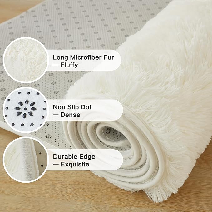 Andency Cream Soft Area Rugs for Living Room Bedroom, 5x8 Fluffy Shaggy Bedside Rug, Non-Slip Large Shag Fuzzy Plush Carpets for Bedroom Kids Dorm Nursery Home Decor Aesthetic