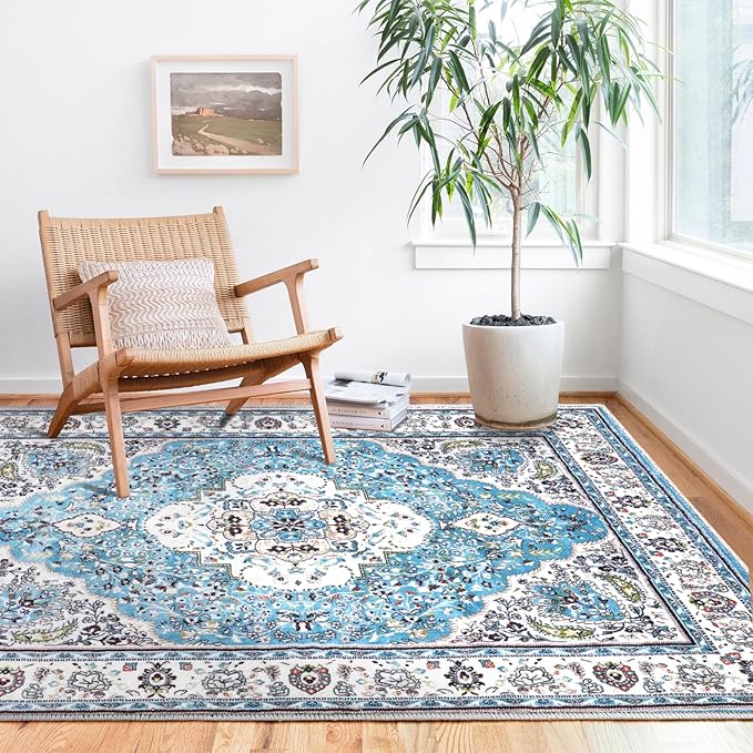 COMSLE Area Rug 4x6 Faux Wool Rugs for Kitchen, Boho Washable Throw Rugs Non-Slip Distressed Carpet Soft Accent Floor Rug for Bedroom, Living Room, Laundry Room (Light Blue)