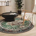 Round Rug 5ft for Bedroom, Green Washable Circle Rug Non-Slip Boho Area Rug 5' Round Carpet for Dining Room Kitchen Dorm Bathroom Low Pile Soft