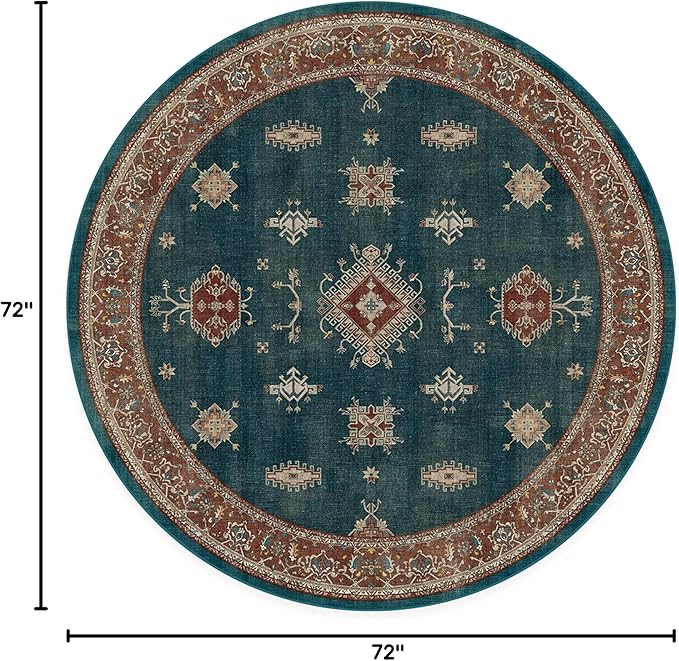 RUGGABLE Washable Vintage Area Rug – Verena Teal Blue 6 ft Round, Stain-Resistant, Non-Slip – Medium Machine Washable Rugs for Living Room, Bedroom, Hallway, Entryway & Office–with Standard Pad