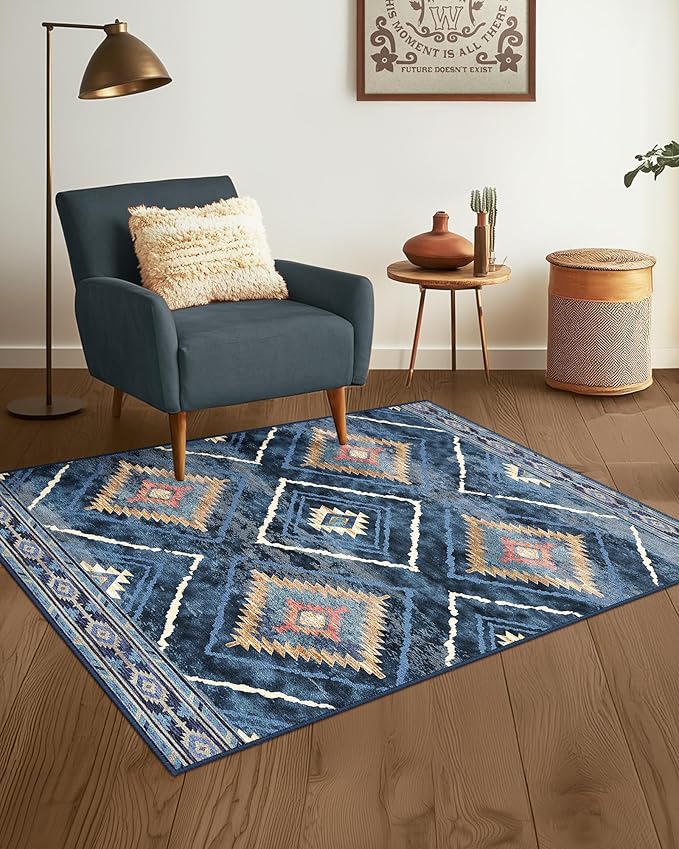 Area Rug 3x5 Rug Machine Washable Non-Slip Low Pile Print Pattern Western Rug for Living Room Bedroom Entryway Tribal Series -Darkblue