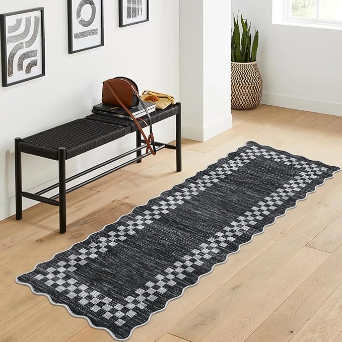 GarveeHome Hallway Runner Rug 2x6 Non Slip Scalloped Washable Rug for Kitchen Entry Stain Resistant Modern Border Throw Floor Carpet Long Runner Mat for Bathroom Living Room Bedside, Grey