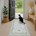 Blue and Green Washable Rugs 3x4 - Vintage Boho Floral Pastel Cream, Washable Low Pile Non Slip Small Throw Accent Area Rug for Bathroom, Door Mat Indoor Entrance, Kitchen, Bedroom Beside Bed Decor