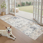 Washable Runner Rug for Hallway: 2x6 Neutral Modern Abstract Low Pile Area Rug with Non-Slip Backing - Carpet for Bedroom Kitchen Laundry Entryway Bathroom Indoor - Beige Blue