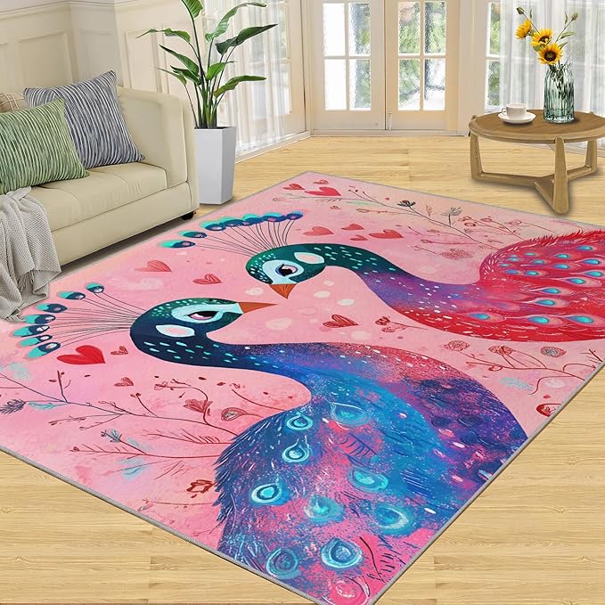 Cartoon Peacock Rug Small - 3x5 Rug, Colorful Peacock Washable Rugs for Living Room, Floral Botanical Carpet, Boho Non-Slip Area Rugs for Bedroom, Peafowl Carpet - Peafowl Home Decor & Gifts