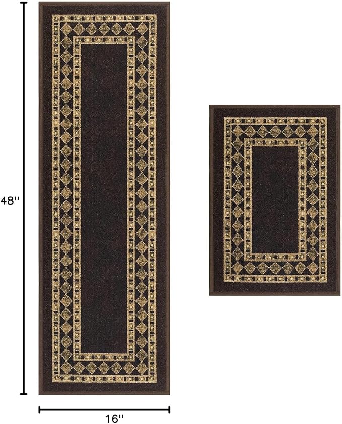 Antep Rugs Alfombras Modern Bordered 2pc Non-Skid (Non-Slip) Low Profile Pile Rubber Backing Indoor Kitchen Runner Rugs (Brown Beige, 2pc Set)