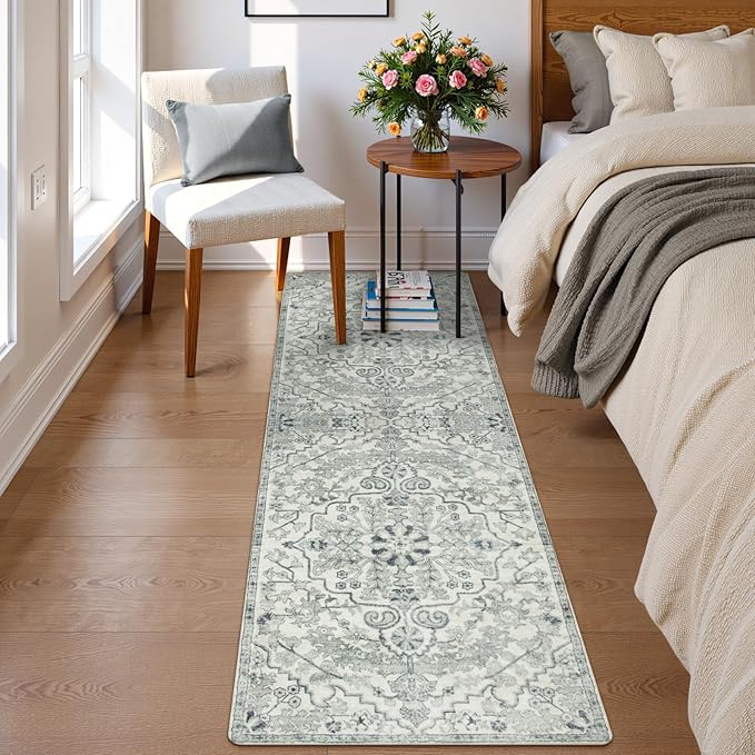 Lahome Washable Runner Rugs with Rubber Backing, 2x7 Hallway Runner Rug Soft Kitchen Carpet Runner, Bohemian Non-Slip Low Pile Printed Throw Rug Runners for Bathroom Bedside RV, Beige