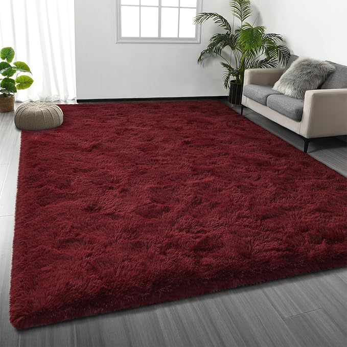 Shag Area Rug, 4 X 6 Plush Fuzzy Rugs for Living Room, Ultra Soft Fluffy Furry Rug for Bedroom, Indoor Carpet Nursery Rugs for Kids Room Home Decor, Burgundy